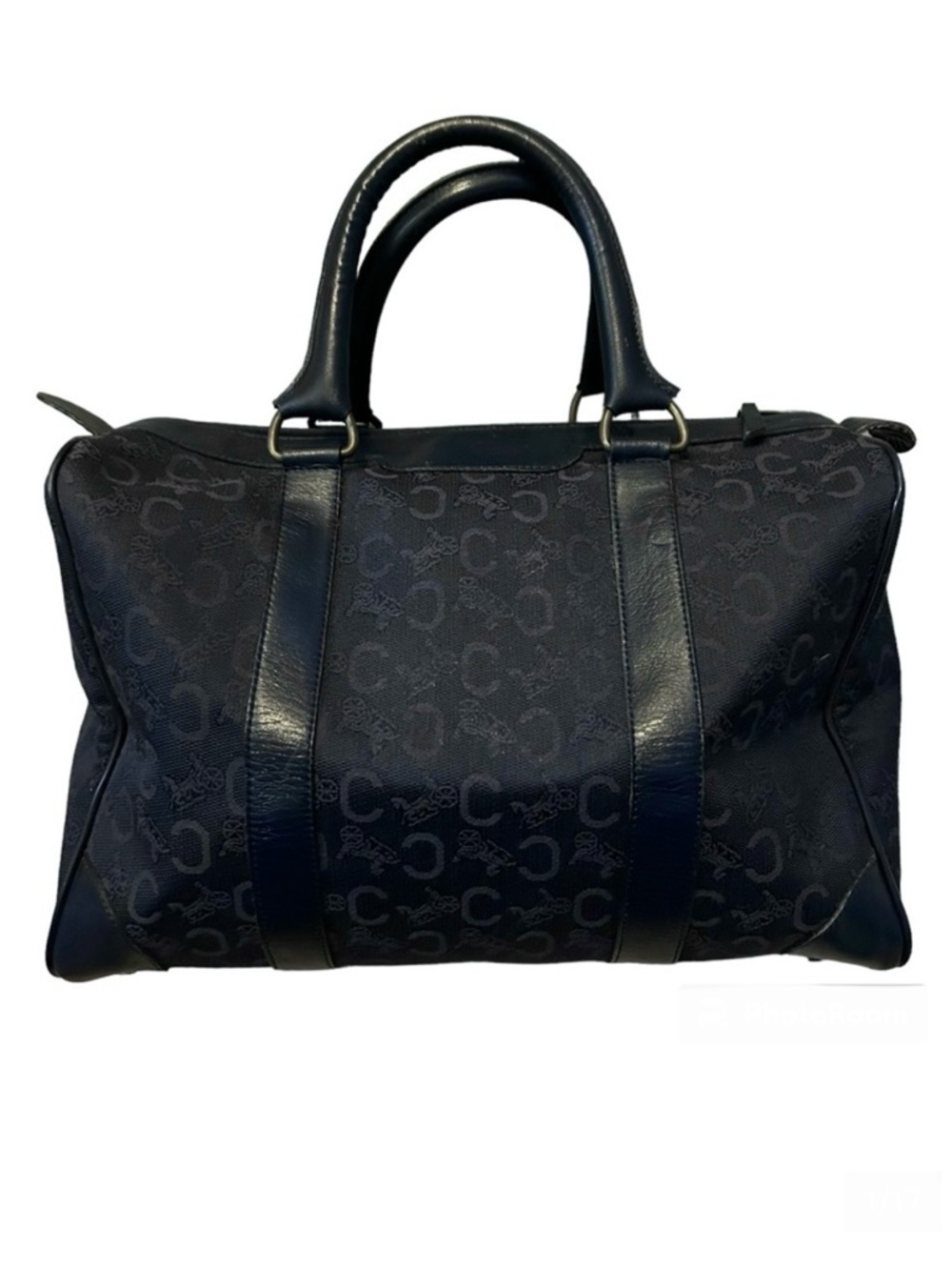 CELINE Authentic Vintage C Macadam Navy Blue Canvas Leather Trim Boston Bag Tote